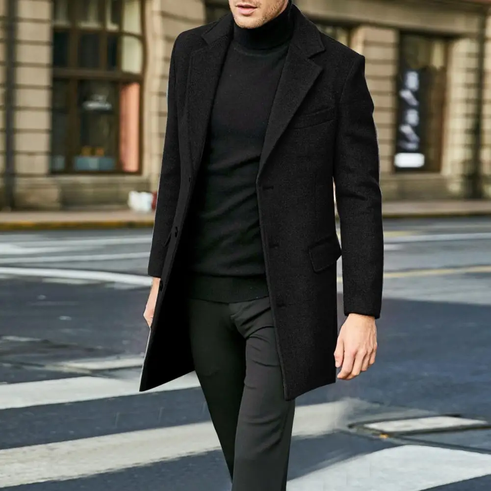 

Lapel Collar Coat Stylish Men's Winter Overcoat Lapel Suit Coat with Flap Pockets Long Sleeve Mid-length Warm Jacket for A