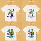 Футболка детская с рисунком автомобиля динозавра, Повседневная модная рубашка с графическим принтом, с номером на день рождения