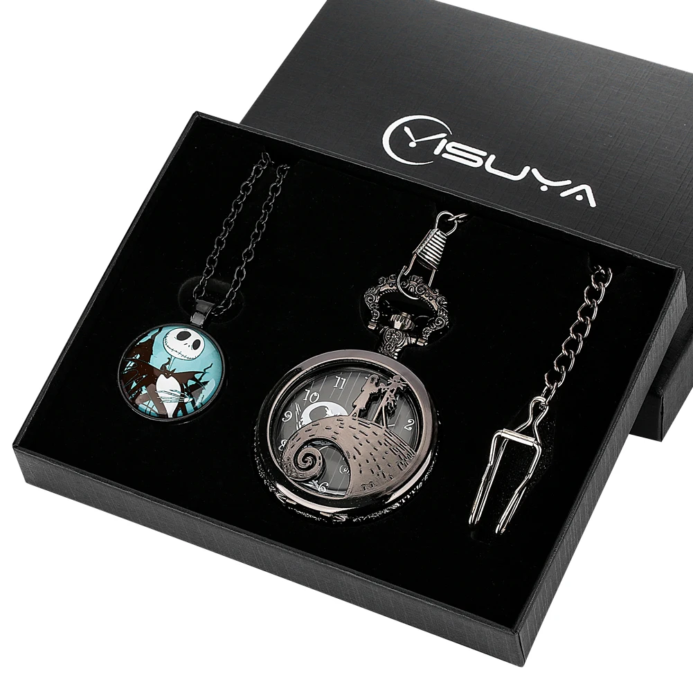 Hot Vintage Skeleton Themed Quartz Pocket Watch Gift Sets Birthday Pendant Fob Chain Pocket Clock Gifts for Men Women Kids