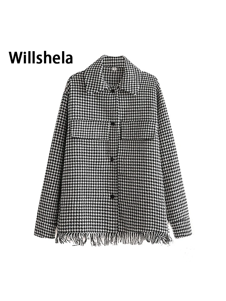 

Willshela/женские модные куртки; Пальто с бахромой в ломаную клетку; С грубым краем; Шикарная женская верхняя одежда; Повседневная одежда; Топы