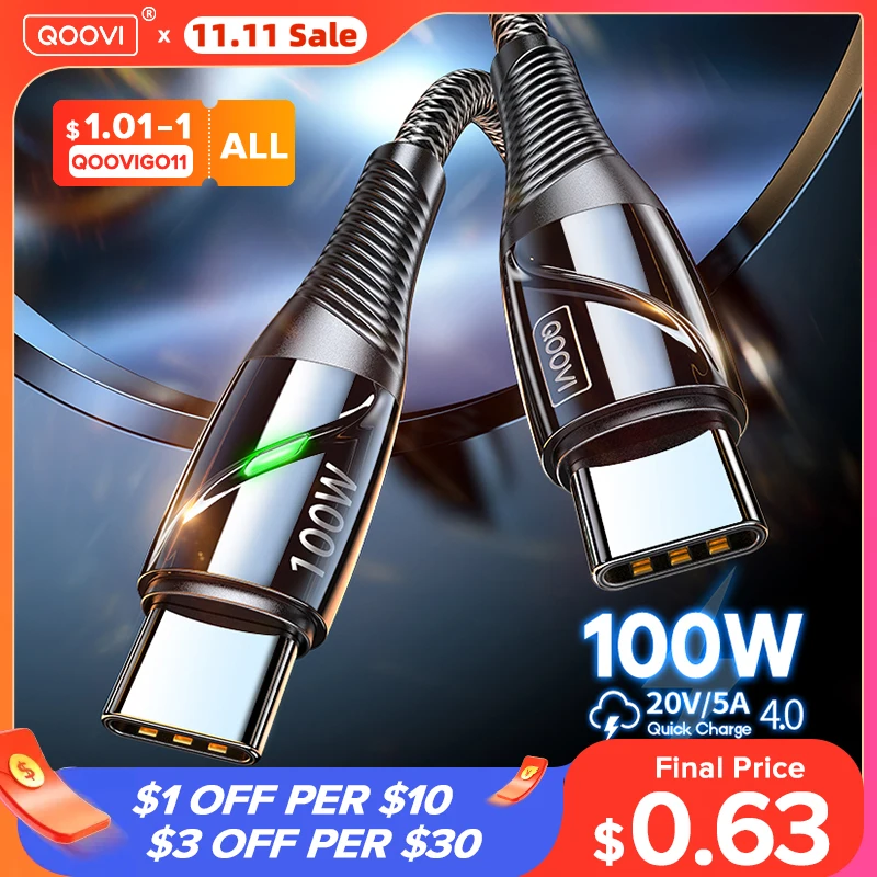  QOOVI 3M PD 100W USB C to USB Type C Cable For Macbook Laptop USB-C Charger Fast Charging For Xiaomi Huawei Samsung Charge Cord 