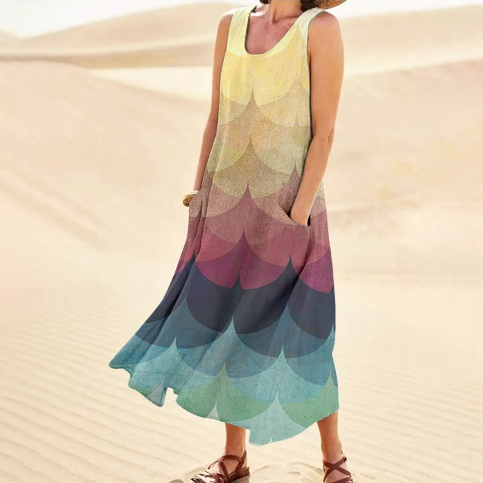 

Womens Elegant Printed Round Neck Pockets Casual Long Dress Daily Tank Dress Casual Wraps for Women