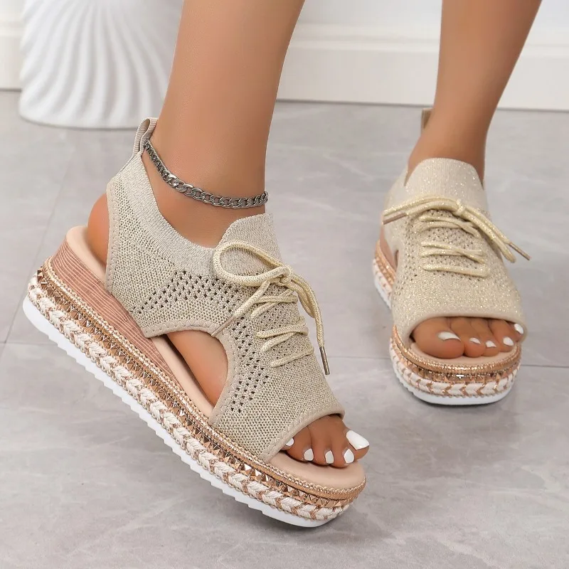 Современные сетчатые сандалии на высоком каблуке женские босоножки танкетке со