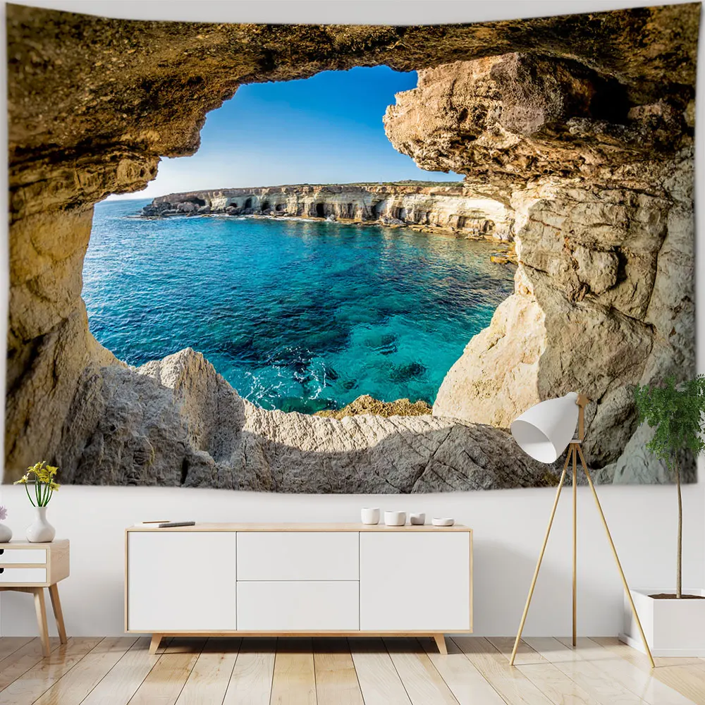 

Ocean View Wall Tapestry Forest Waterfall Lotus Decoration Wall Carpet Beach Tapestry Living Room Bedroom Background Cloth