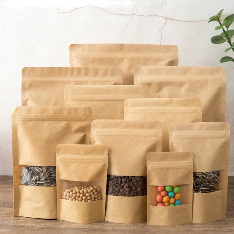 

10-50pcs Packing Zip lock Kraft Paper Window Bag Stand up Gift Dried Food Fruit Tea packaging Pouches Zipper Self Sealing Bags