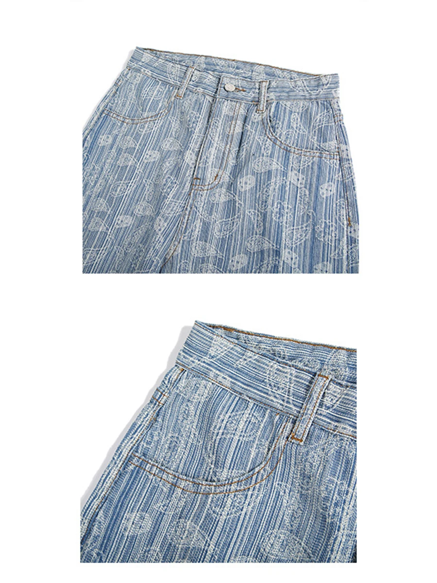 YIHANKE Men's Jeans Style Cashew Flower Loose Straight Jacquard Trousers Fashion Streetwear Ins Hot Sale Y2K Men's Clothing