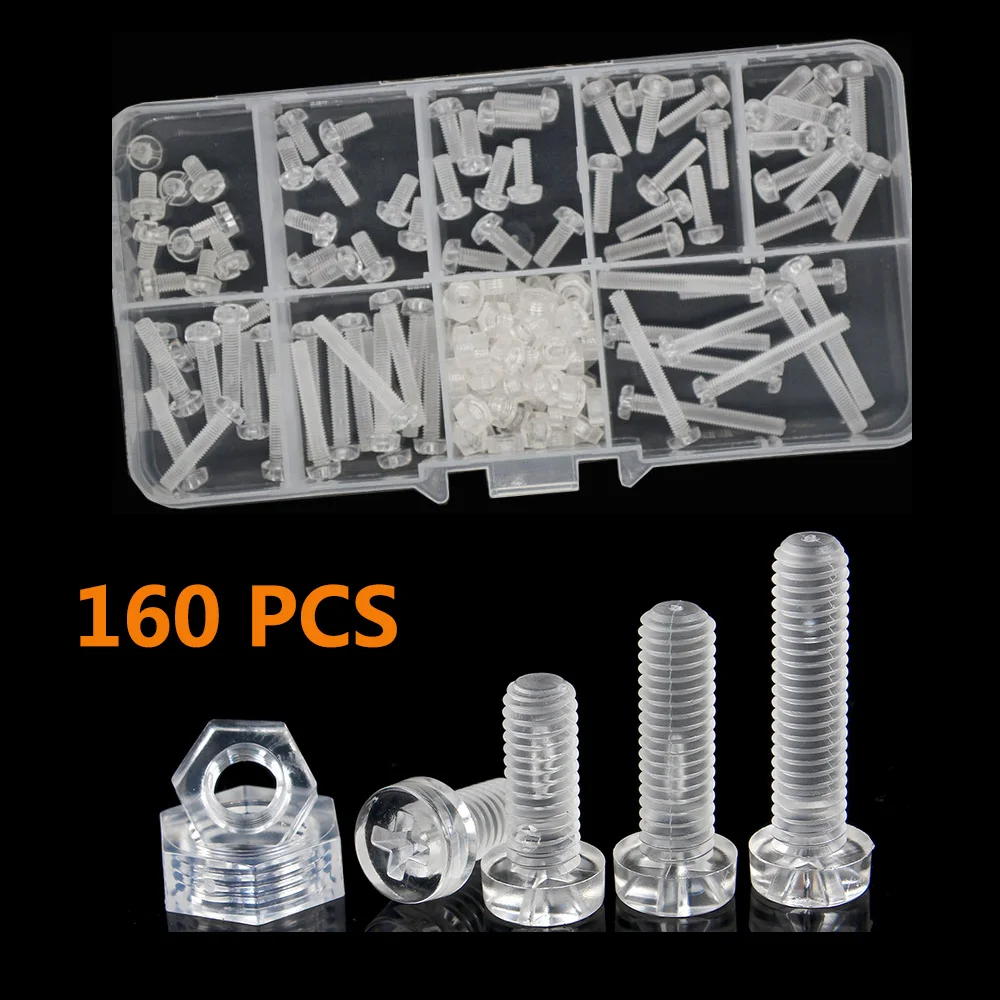 160Pcs/sets Acrylic Clear transparent Plastic Nylon M3  Diameter 3mm Round Pan Phillips Cross Head Screw Bolt with Hex Nut