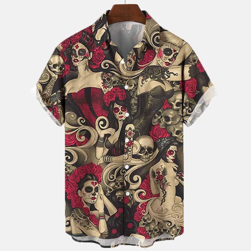 

New Mermaid Retro Art 3d Digital Print Pattern Men's Shirt Retro Hawaiian Shirt Man Street Short Sleeve Top Loose Shirt For Men