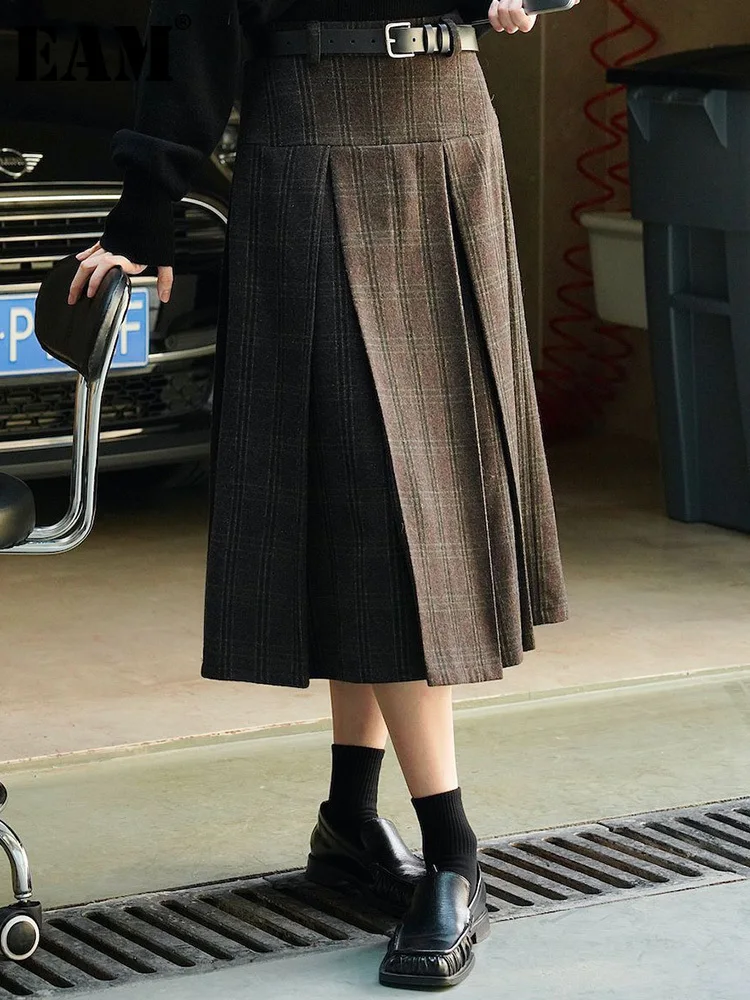 

[EAM] черная клетчатая теплая Повседневная плиссированная юбка с высокой талией для женщин, свободная модная новинка сезона весна-осень 2023 1DF4500