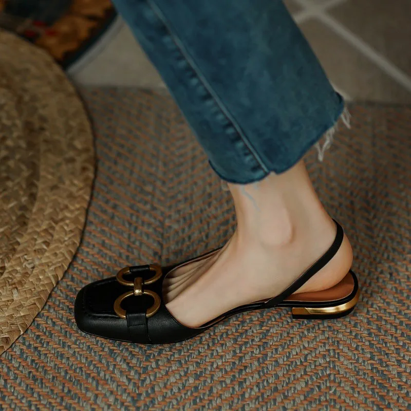 

Woman Pumps 2022 Spring/Summer Square Toe Metal Decoration Retro Low-heel Back Empty Slip-on Shoes Casual Solid Chaussure Femme