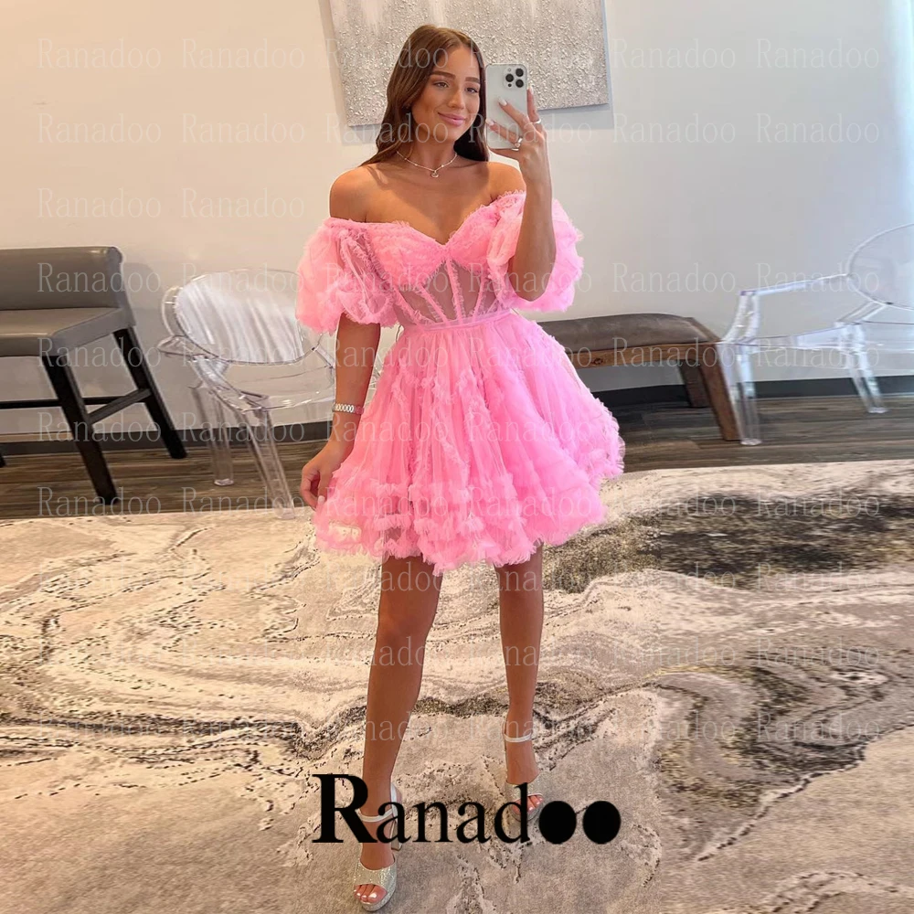 

Ranadoo A Line Tulle Midi Cocktail Dress Ruffles Formal Evening Dresses For Women Party Sweetheart Knee-Length Hocoming Gowns