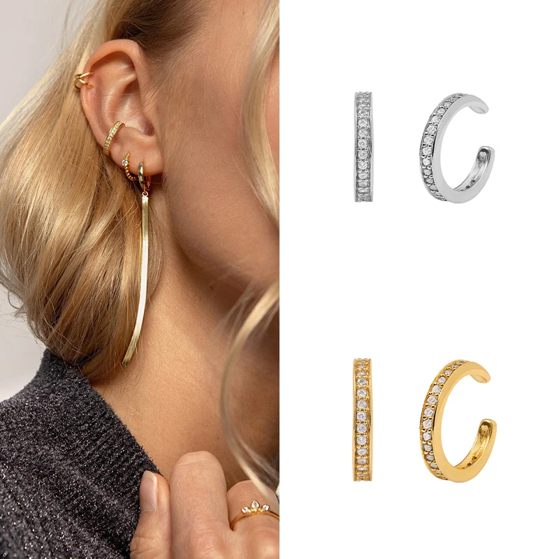 

Gold Silver Color Clip on Earrings Zircon Circle Hooping Ear Cuff Jewelry Fake Piercing Ear Clip Cuff for Girls Party Boho