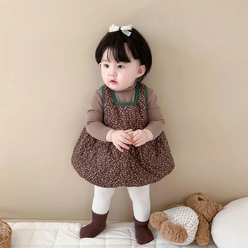 

Fall Winter Korean Fashion Clothes Set 2 Pcs for Cute Baby Girls Children Floral Wadded Dress Plain Shirt Tops Kids Warm Outfits