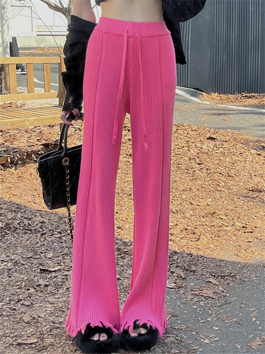 

Alien Kitty Winter Knitwear Flare Pants Women High Waist Solid Hot Sale Tassel Loose Casual Warm Slim All Match Mopping Trousers
