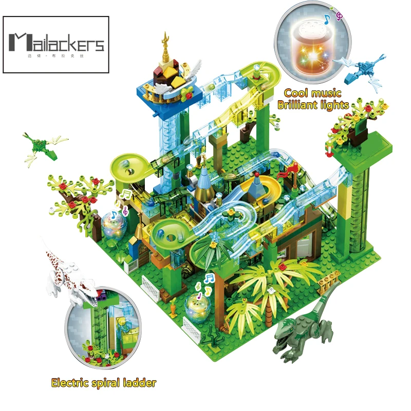 

Mailackers Ideas Marble Race Run with Light Electric Maze Ball Building Blocks Jurassic Dinosaur Park Jungle World Toys For Kids