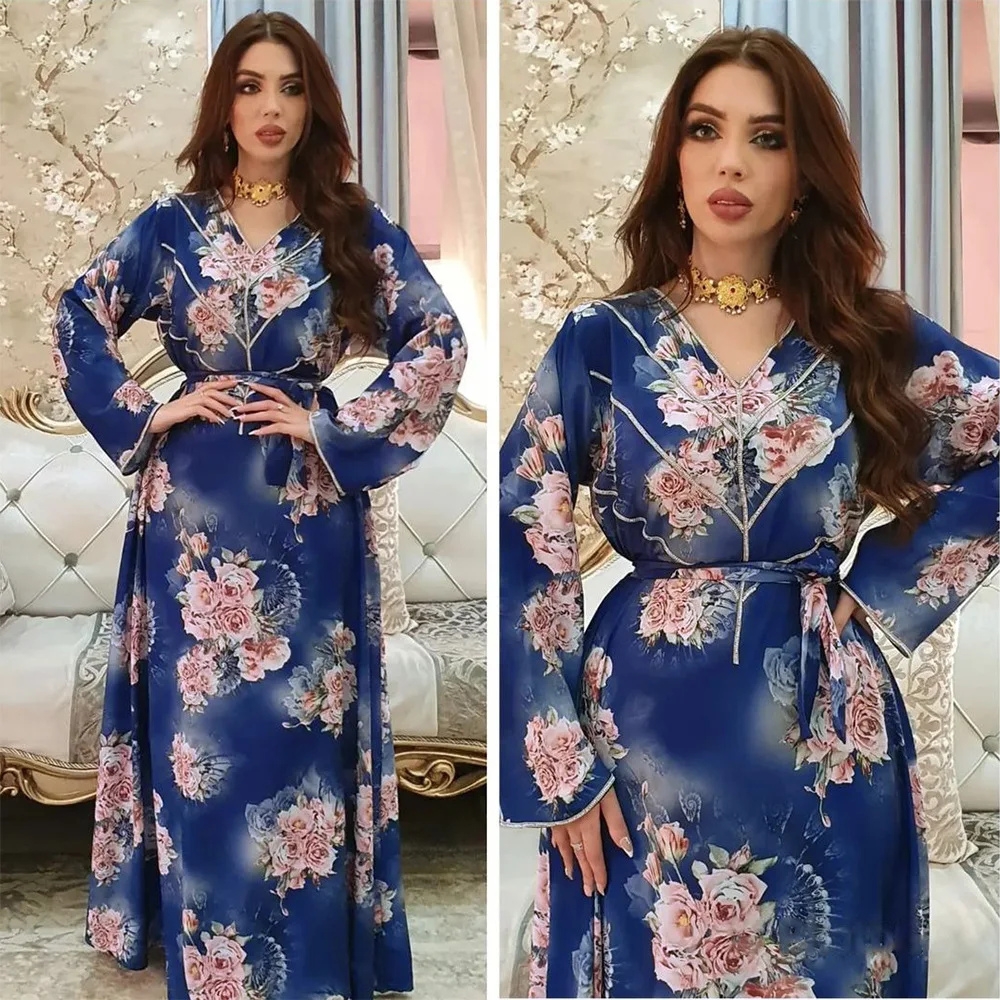 

Wepbel Casual Muslim Dress Women Arab Abaya Long Sleeve Printed Wide Hem Islamic Clothing Loose Muslim with Belt Dress Robe