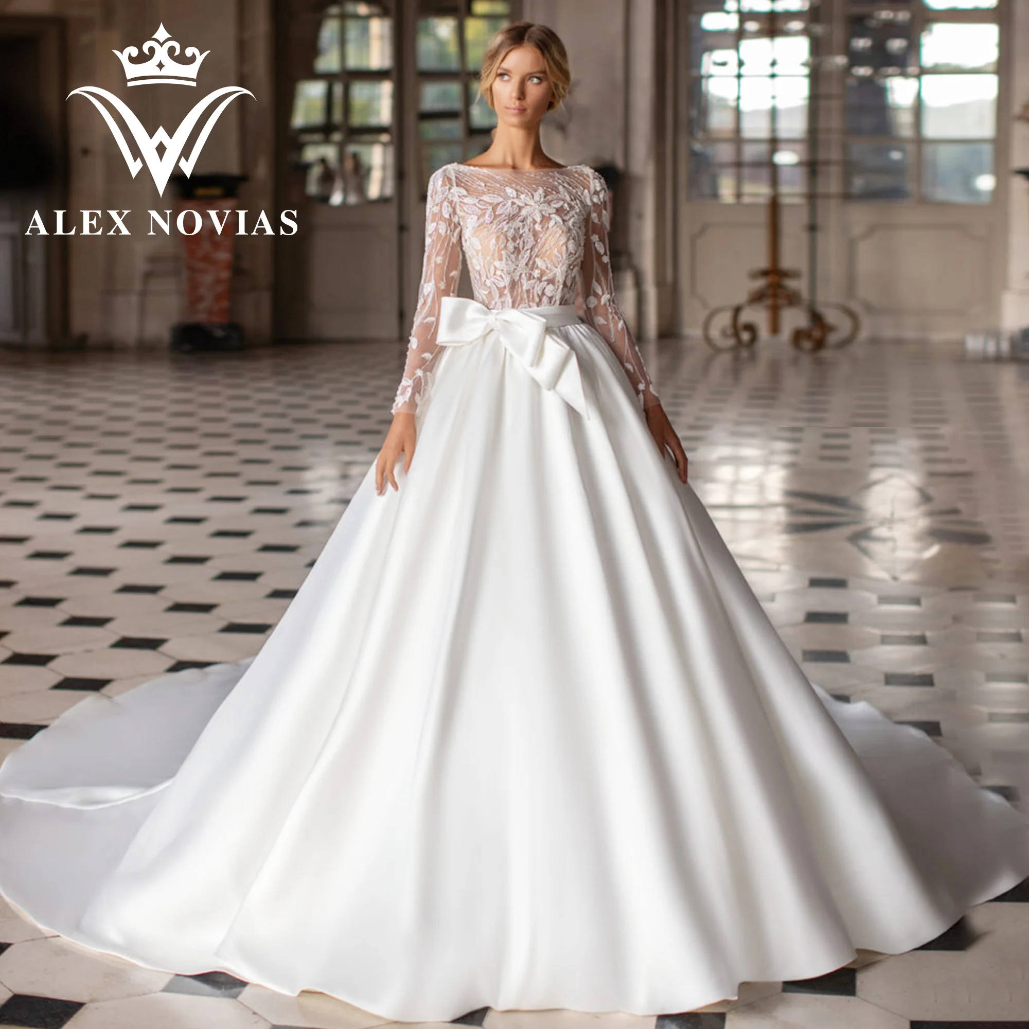 

Бальное платье ALEX NOVIAS с длинным рукавом, свадебное платье 2023, полупрозрачные атласные платья с аппликацией и блестками, свадебные платья