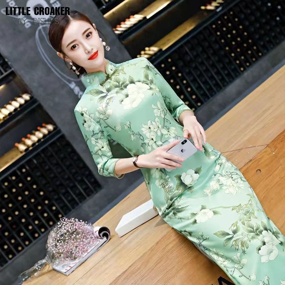 

Women Summer New Youth Improved Qipao Long 3/4 Sleeve Dress Elegant and Cheongsam Upscale Covering Belly Show Slim Mom's Dress