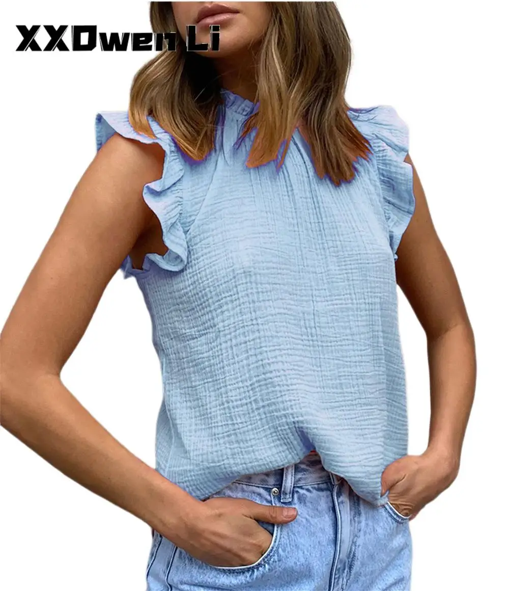 

2022 Casual Women Top Summer T Shirt Ruffles Half Turtleneck Elegant Cute Sleeveless Female Tee Solid Color Fashion T-Shirt Vest