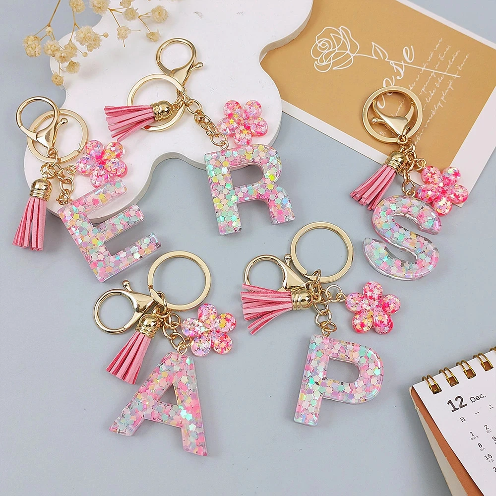 Изысканный мечтательный брелок с блестками и буквами розовый цветок кисточка