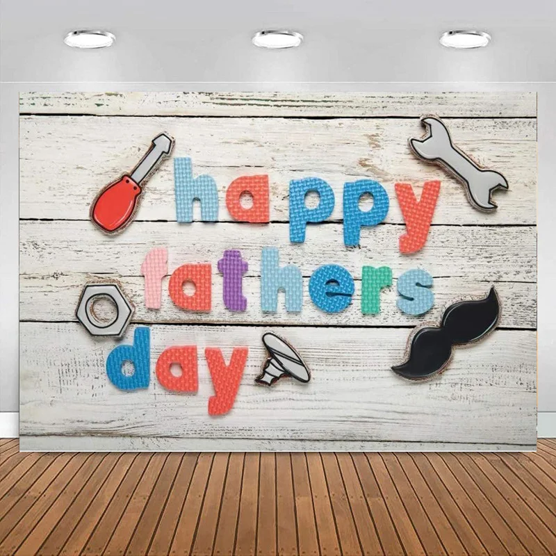 

Happy Father's Day Backdrop for Photography Cartoon Tools Bearded Wooden Board Background Theme Party Decoration Banner Photo