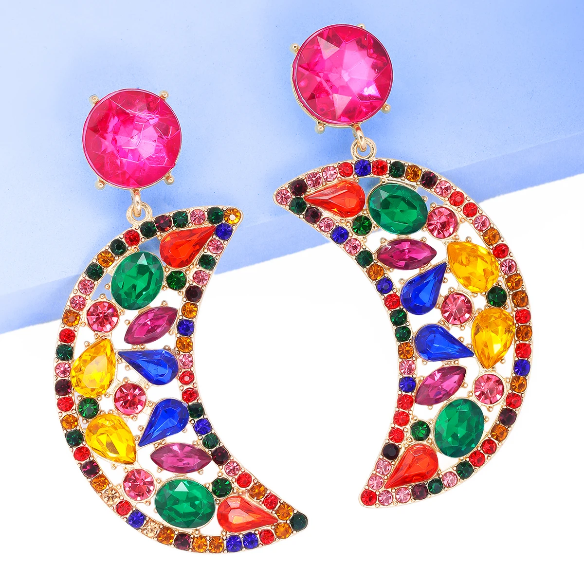 

Exaggerated Colorful Crystal Moon shaped Pendant Earrings for Women 2023 Trend Statement Rhinestone Earrings Jewelry Wholesale