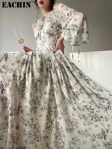 EACHIN Women Fashion Floral Print Long Dress Beach Sundress 2023 Summer New Female Long Sleeve Evening Party Club Dress Clothes
