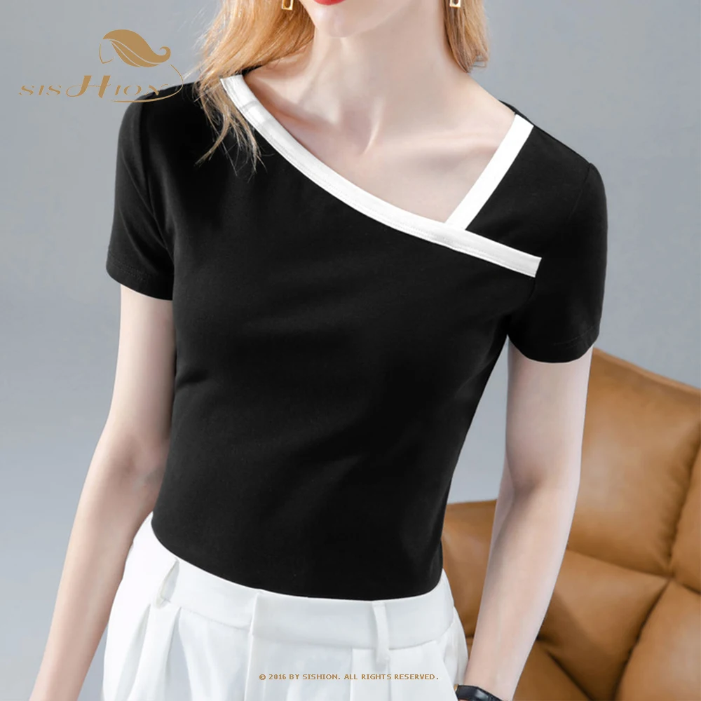 

SISHION 2022 Summer Women Casual Wind Cotton Cotton Large Top Rapid Slim Elastic Popular Splicing White Black T -Shirt VD3051