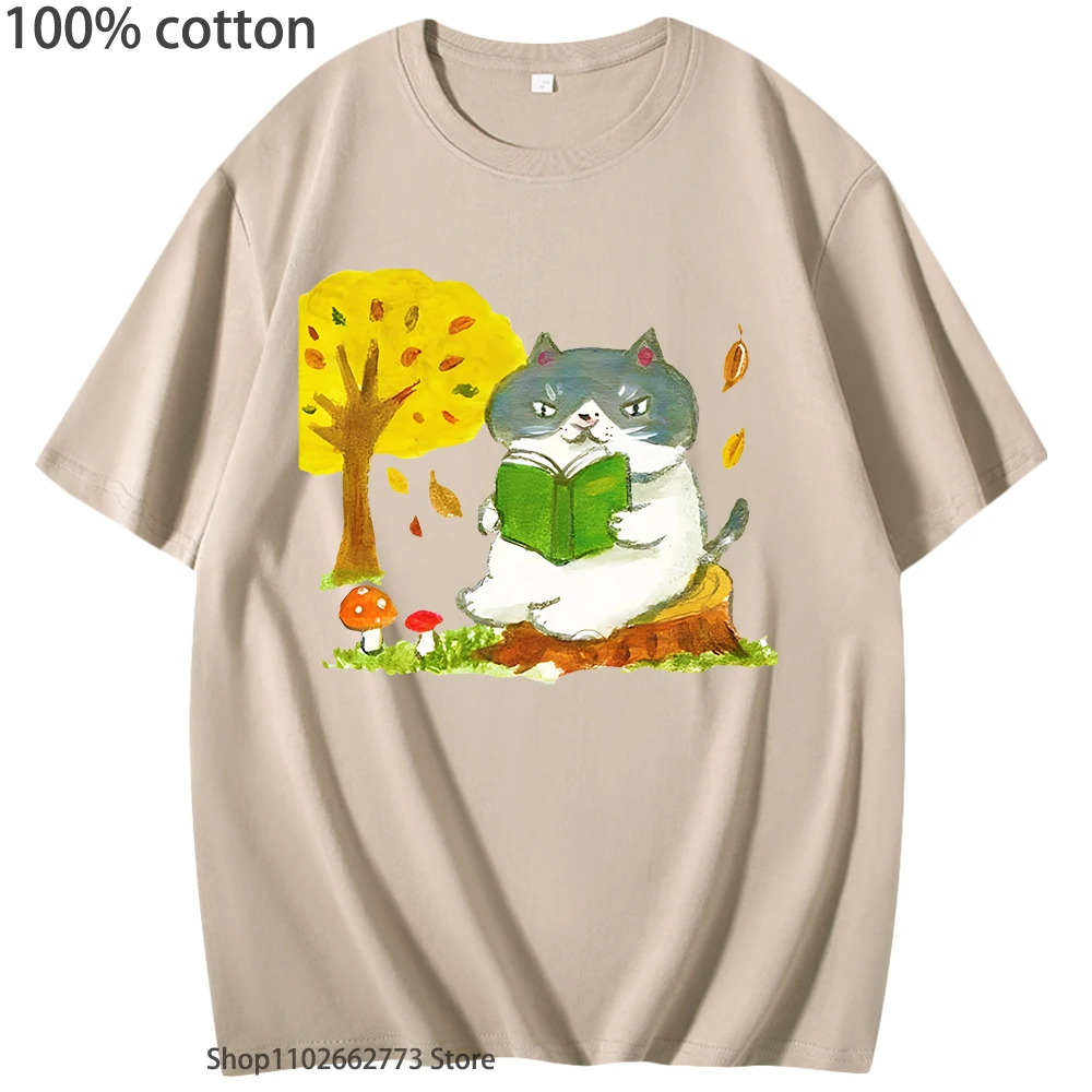 

Kawaii/Cute Sad Fat Cat T-Shirts Reading Shirt Women Cartoon Tshirts 100% Cotton High Quality Tops Streetwear Shirts for Men Tee