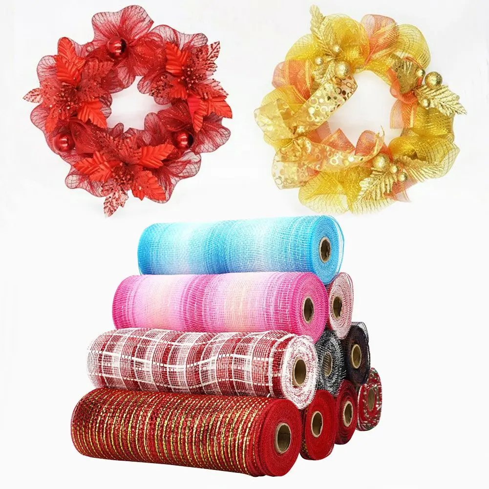 10Yards Mesh Roll Tulle Roll Spool DIY Ribbon Bows Wreath Deco 10'' Wide Gold Wire Ribbons Christmas Halloween Party Decoration