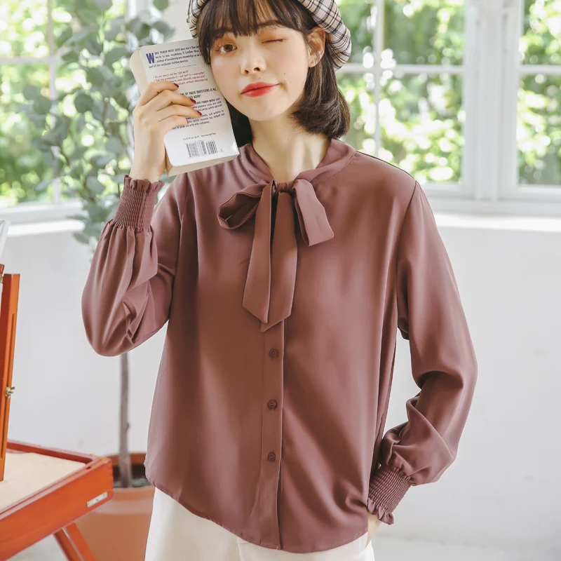 

Chiffon Loose Women's White Shirts New Fashion Blouses Solid Bow Tie Autumn Casual Long Sleeve Blusas Female Clothing