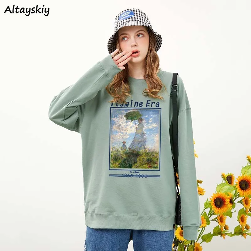 

Women Print Sweatshirts Hot Sale Long Sleeve New Korean Fashion O-neck Hoodie Aesthetic Vintage Lazy Outwear Tops Loose Casual
