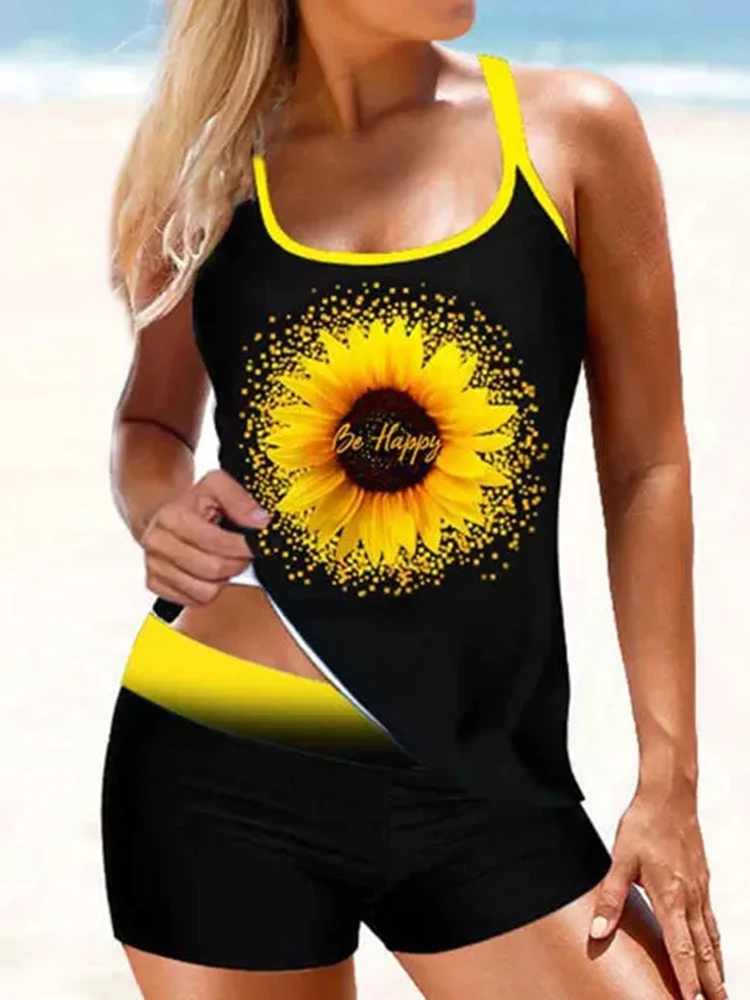 

Sunflower Be Happy Criss-Cross Gradient Tankini Set Swimsuits with Shorts Round Neck Bikini Set Swim Wear Bathing Suit