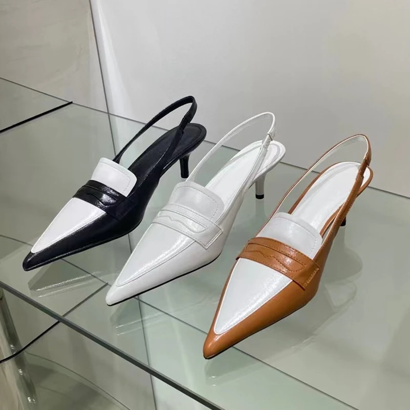 

Spring New Woman Slingback Shoes Fashion Mix Color Ladies Elegant Med Heel Pointed Toe Slip on Sandal Mules Shoe Sandalias Mujer