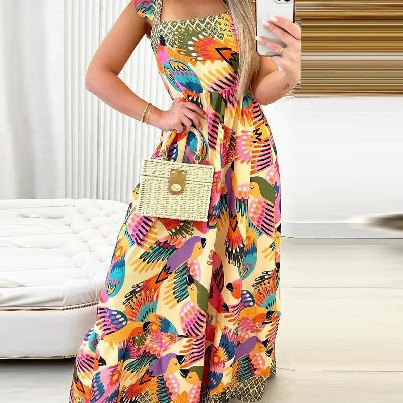 

Women Long Maxi Loose Dress Cartoon Birds Printed Floral Square Neck Short Sleeve High Waist Sexy Summer Dress