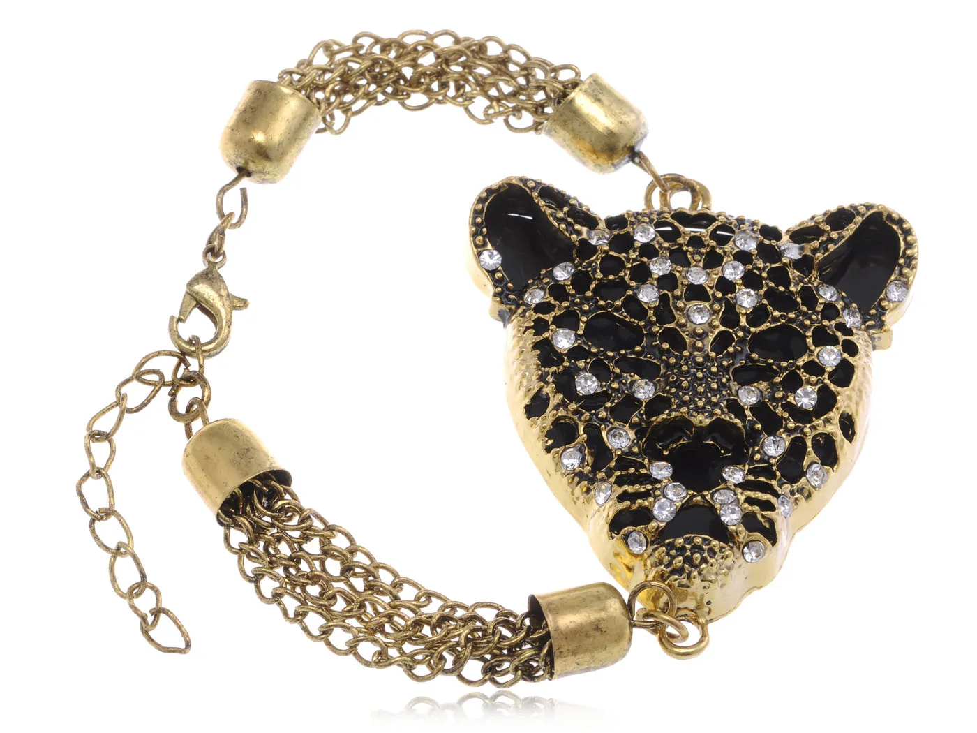 Gold Toned Cheetah Head Bold Black Enamel Rhinestone Chain Fashion Bracelet for Women
