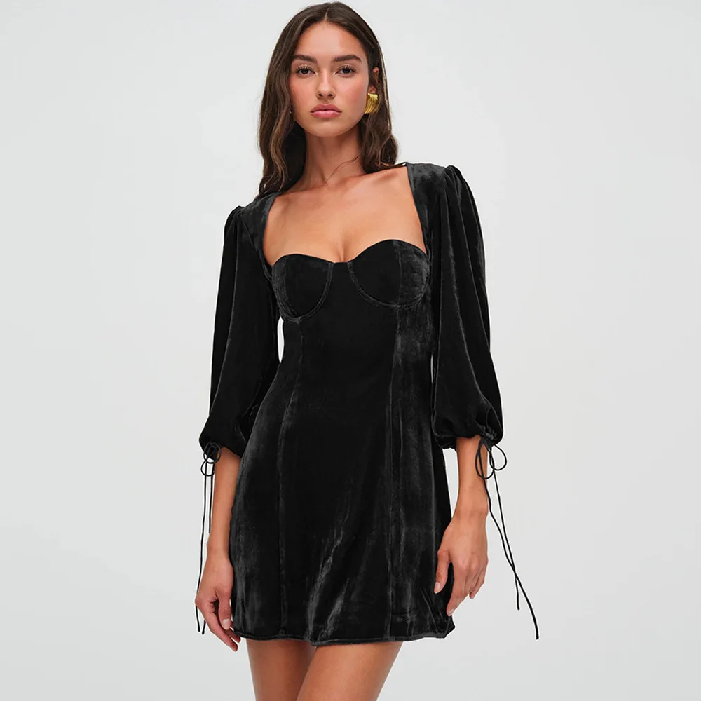 Сибибо-Мини Vestido de terciopelo con espalda описание для женщин cordones манга acampanada cuello cuadrado