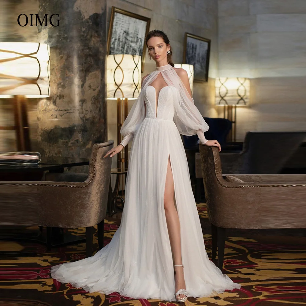 

OIMG Simple A Line Tulle Wedding Dresses With Detachable Puff Long Sleeves Jacket Side Slit Bride Gowns 2022 Robe de mariage