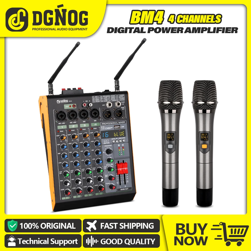 

BM4 4 Channel Mixer Audio With Wireless Microphone For Speaker 16DSP Sound Mixer With 2*100w Power Amplifier DJ Mixing Console