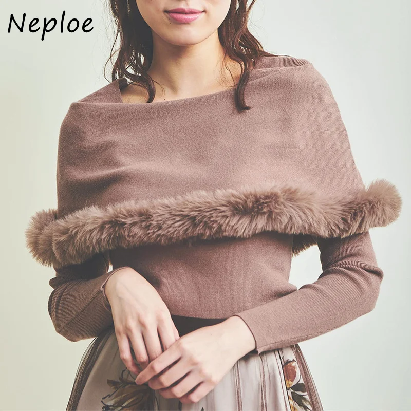 

Neploe 2022 Winter New Women Jumpers Japanese Temperament Commuter Pullover Fur Shawl Long Sleeved Slim solid Knit Sweater