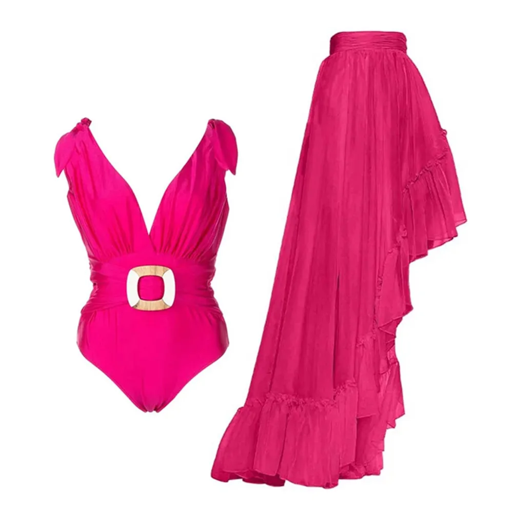 

Модное розовое однотонное бикини с глубоким V-образным вырезом, сексуальный цельный купальник, асимметричная накидка, летний купальный костюм с оборками, пляжный купальник