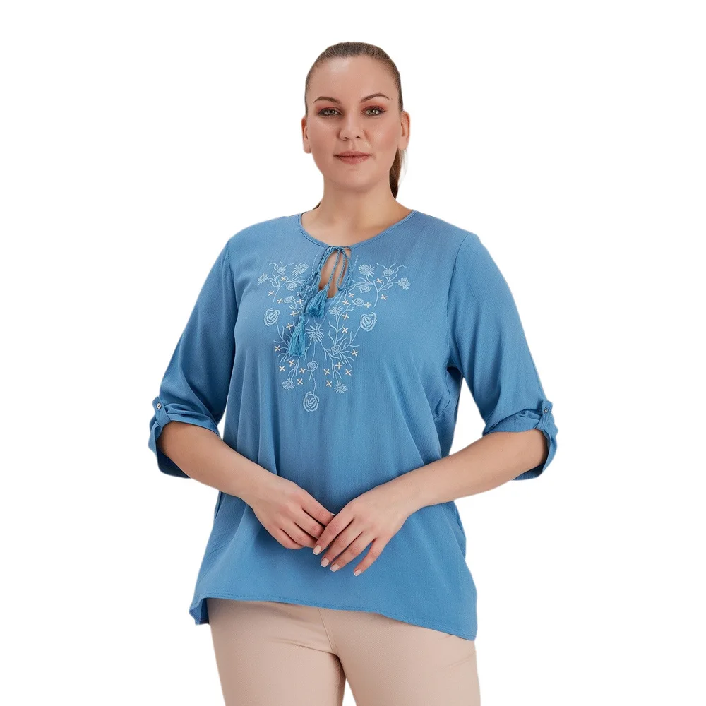Fierte Women Plus Size Blouse Rg4312 Round Lacing Collar Embroidery Detail Folding Sleeve Summer Casual Black Green Indigo