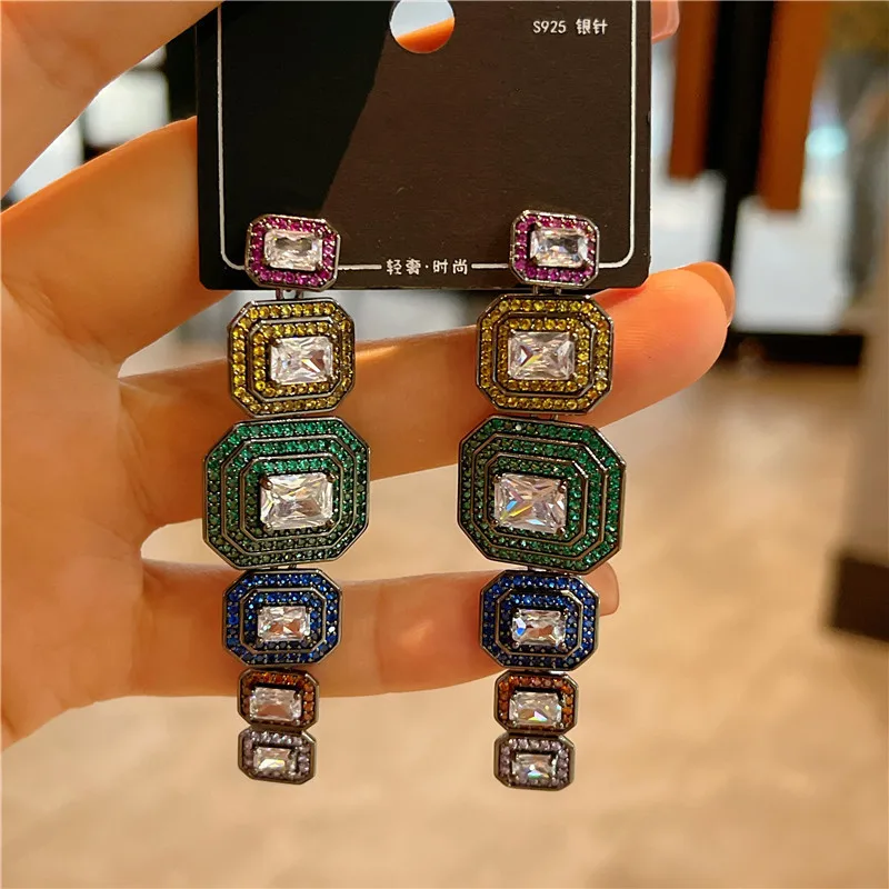 

Luxury gem stone geometric long earrings high-end wedding jewelry ladies party geometry vintage eardrop