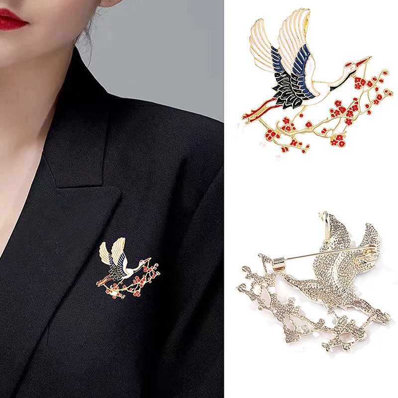 

1PC Retro Enamel Crane Brooches Corsage Pins Flower Waxy Plum Bird Women Coat Office Gift