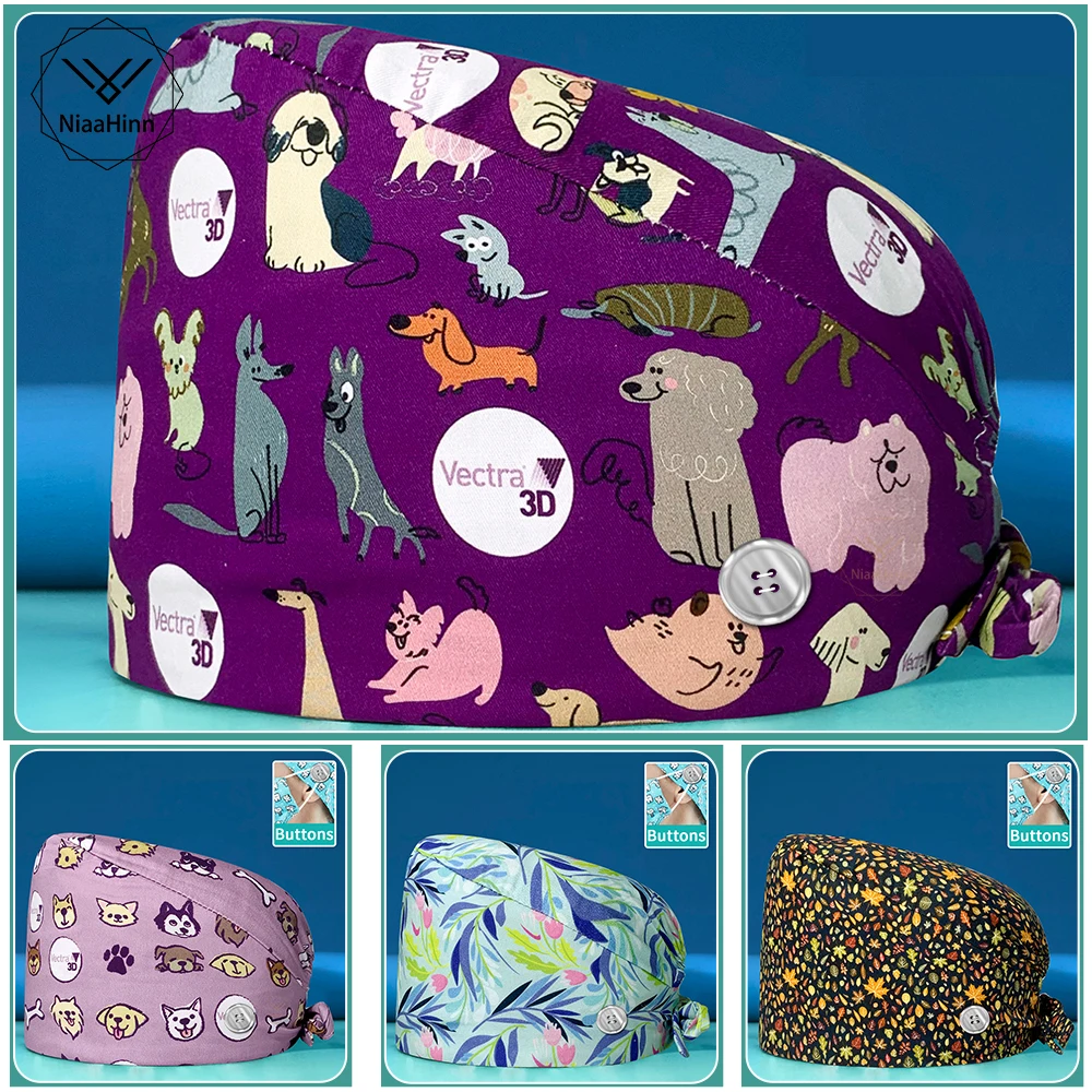 

New Fashion Cotton Pet Shop Cartoon Print Hat Adjustable Work Cap Beauty Salon Nursing Cap Male Surgical Hat Wholesale Scrub Cap