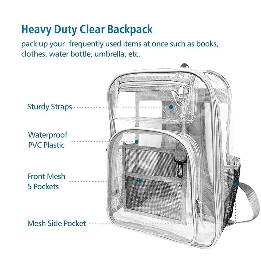 Clear Backpack Heavy Duty Transparent Student Bookbag Stadium Approved See Through PVC School Bag for Kids Adults