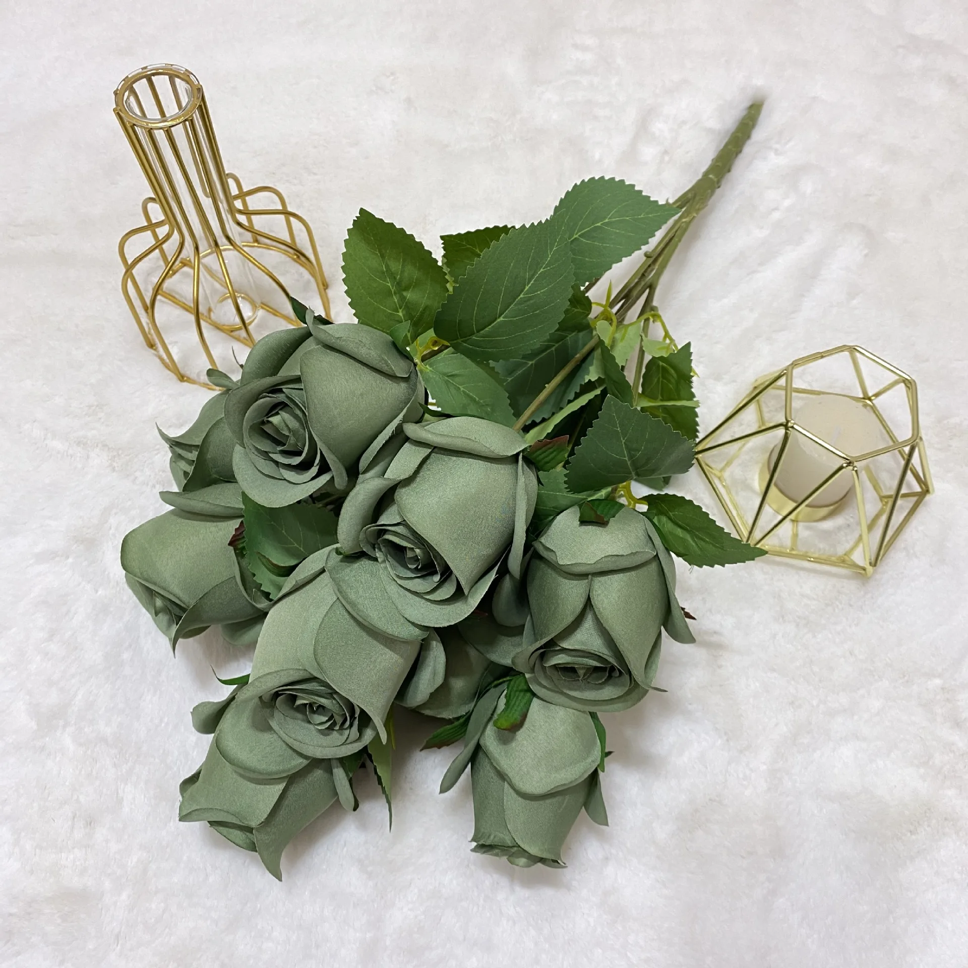 

Artificial Green Rose Flower Arrangement Green Plant Simulation Silk Fake Flower Wedding Photography Bouquet Home Garden Decor