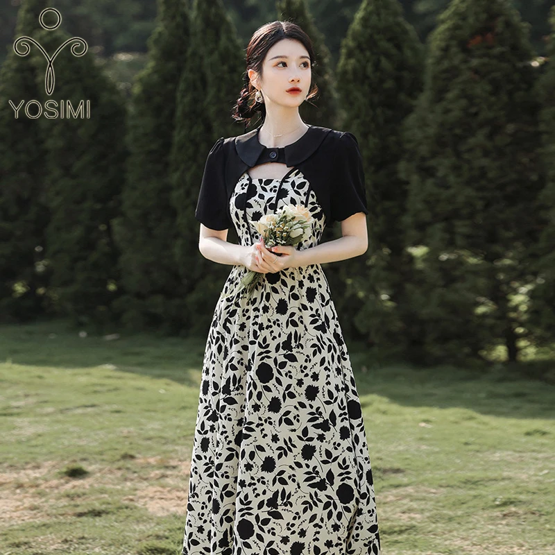 

Женское длинное платье с цветочным принтом YOSIMI, винтажное платье-трапеция до середины икры с коротким рукавом, костюм из двух предметов, лет...