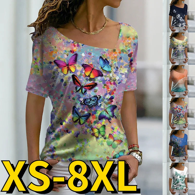 

2022 Summer Women's Fashion Butterfly Print Short Sleeve Everyday Comfortable Temperament V-neck T-shirt Oversized Loose Tops