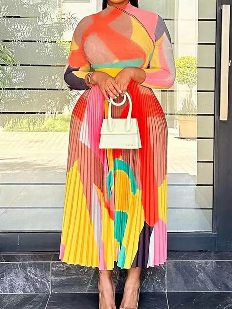 

Elegant 3D Print Pleated Long Maxi Dresses for Women Fall Winter 2023 Long Sleeve High Waisted Club Party Dress Vestido Fiesta